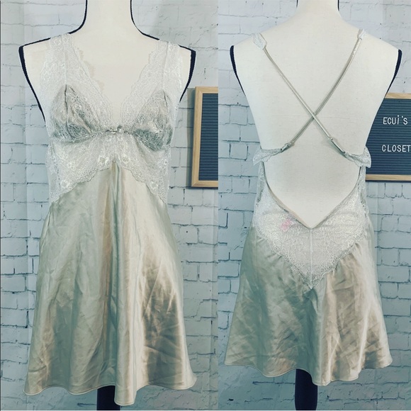 Victoria's Secret Other - Victoria’s Secret Silver Satin Lace Babydoll sz M